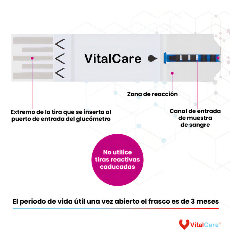 50 Tiras Reactivas Para Glucómetro Continuo Vitalcare 310 - Blanco