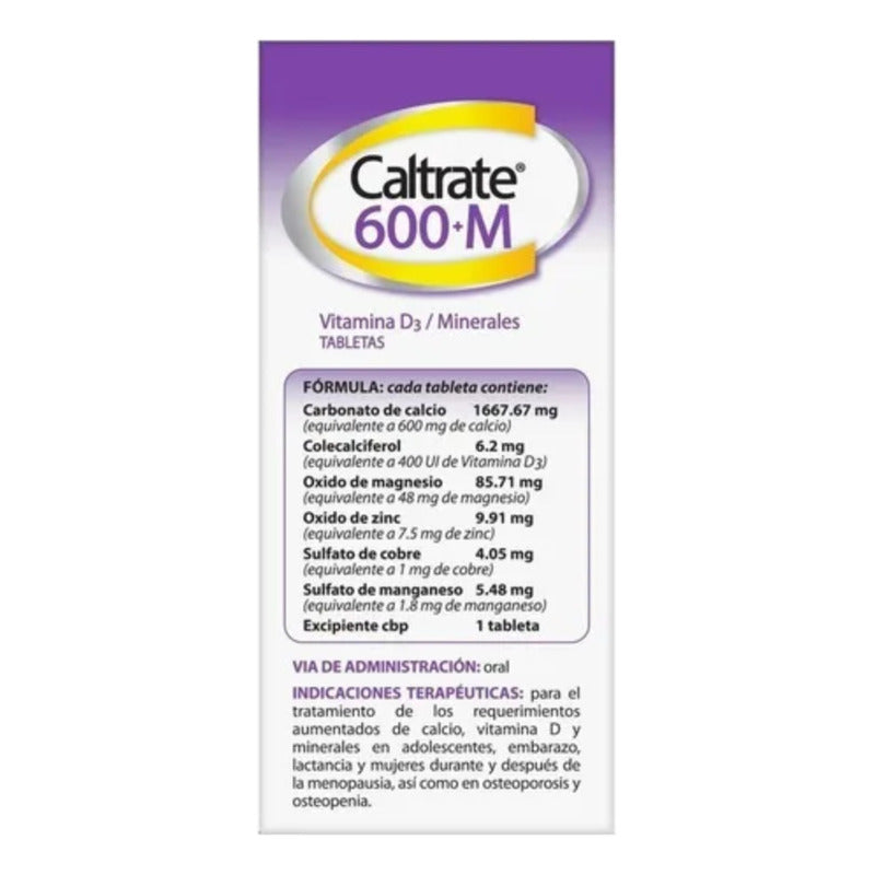 Suplemento De Calcio 600+m / 400 Iu Frasco 60 Tabs Sabor Sin Sabor Caltrate