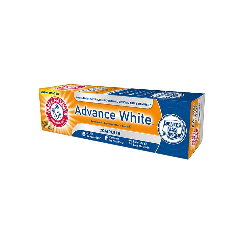Arm & Hammer Pasta Dental Advance White Complete 121 G. Acción Blanqueadora Que Remueve Las Manchas, Con Bicarbonato De Sodio Y Peróxido. Aliento Fresco Duradero, Sabor Menta