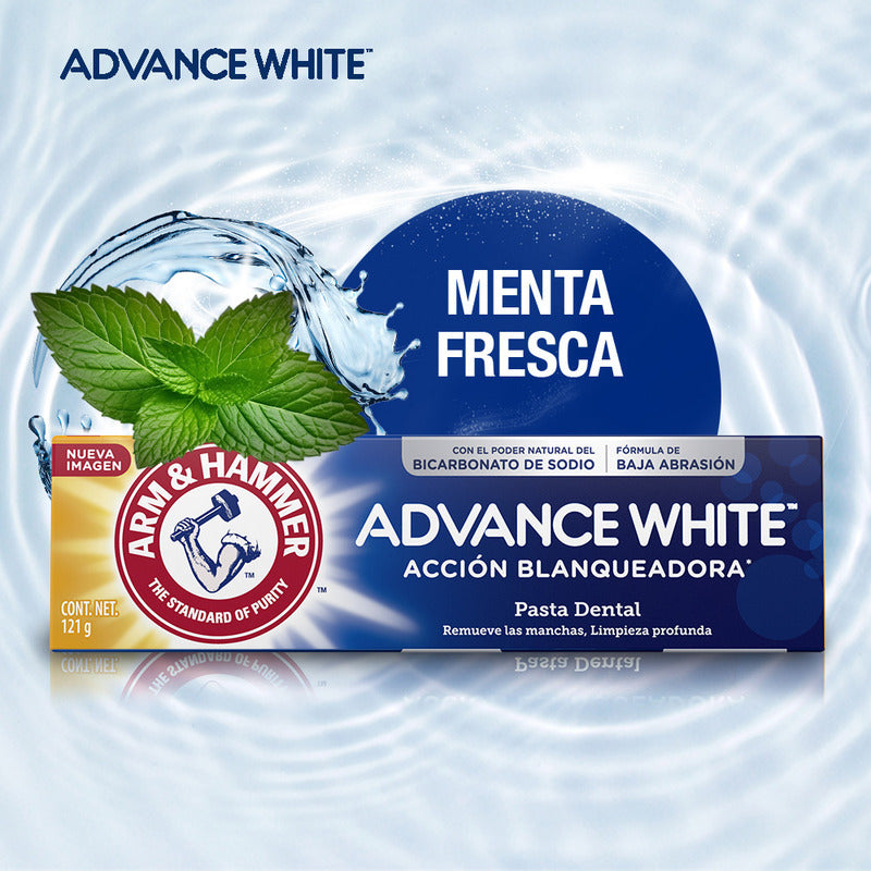 Arm & Hammer Pasta Dental Advance White Complete 121 G. Acción Blanqueadora Que Remueve Las Manchas, Con Bicarbonato De Sodio Y Peróxido. Aliento Fresco Duradero, Sabor Menta