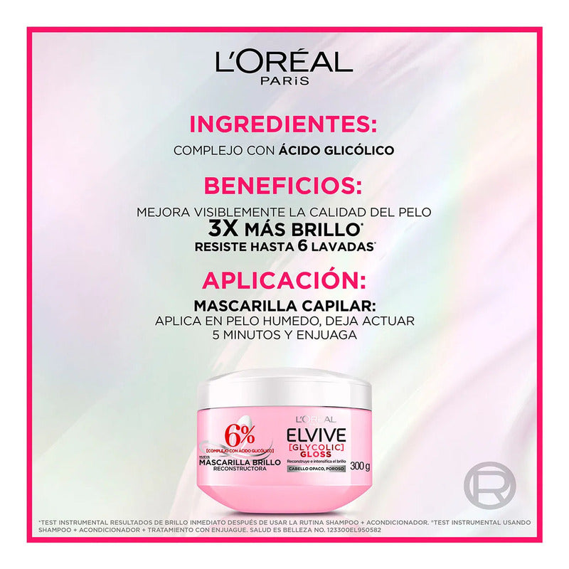 L'oréal Paris Mascarilla Capilar Elvive Glycolic Gloss Con Ácido Glicólico Dale 3x Más Brillo A Tu Cabello, Resiste Hasta 6 Lavadas