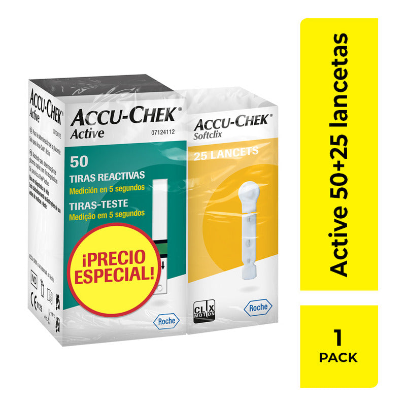 Tiras Reactivas Active 50 + 25 Lancetas Softclix Accu-chek Azul Petróleo