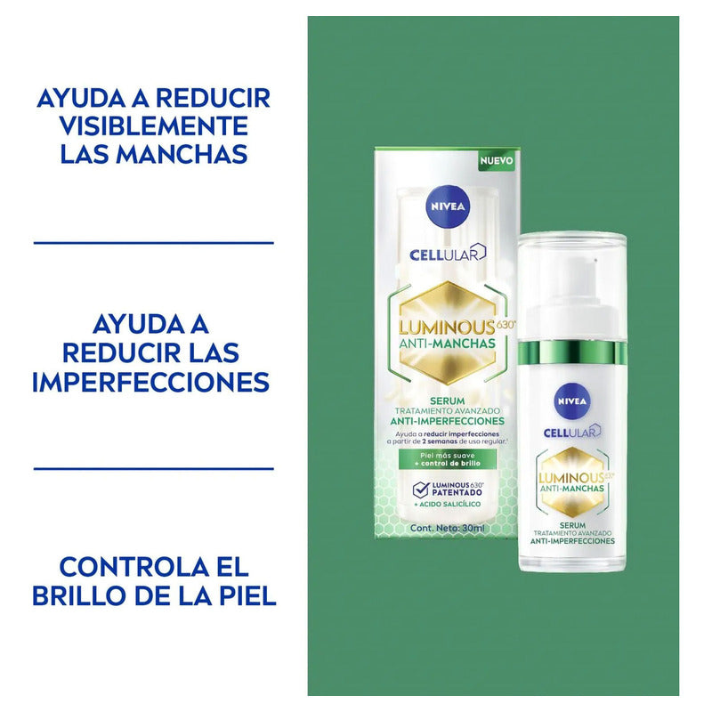 Nivea Luminous 630 Sérum Antimanchas Antiacné, Uso Día Y Noche, Piel Grasa, 30ml