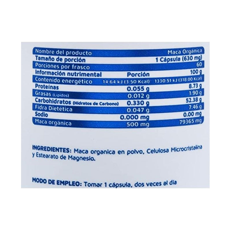 Suplemento Alimenticio De Maca Organica Vidanat 60 Caps Sin Sabor