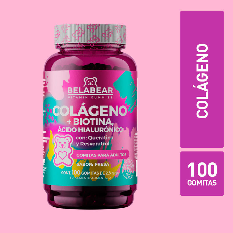 Belabear Colágeno + Biotina Y Ácido Hialurónico 100 Gomitas Sabor Fresa