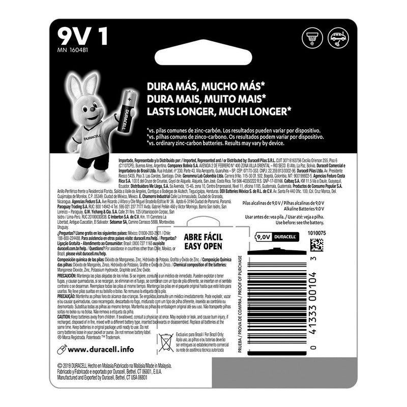 Duracell Pila 9v Alcalina, Batería Cuadrada 9 Volts