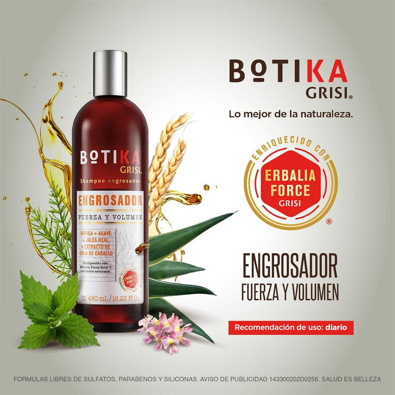 Botika Grisi Shampoo Engrosador - Shampoo Natural Con Ortiga, Agave, Jalea Real - Fortalece, Engrosa Y Nutre El Cabello - Sin Sulfatos Y Parabenos - 480 Ml