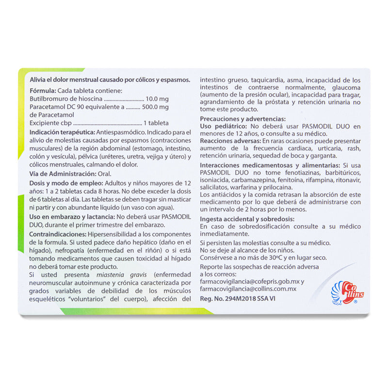 Pasmodil Duo 24 Tabletas 10 Mg 500 Mg Collins