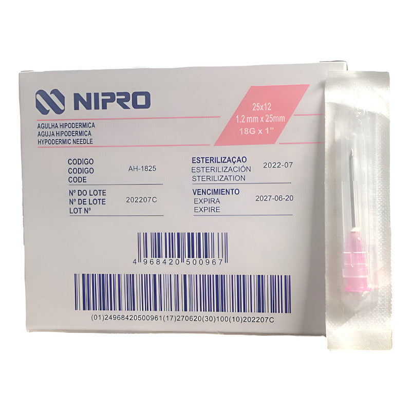 Aguja HiPodérmica Nipro 18gx25mm (1) Rosa Caja 100u Capacidad En Volumen 0 Ml