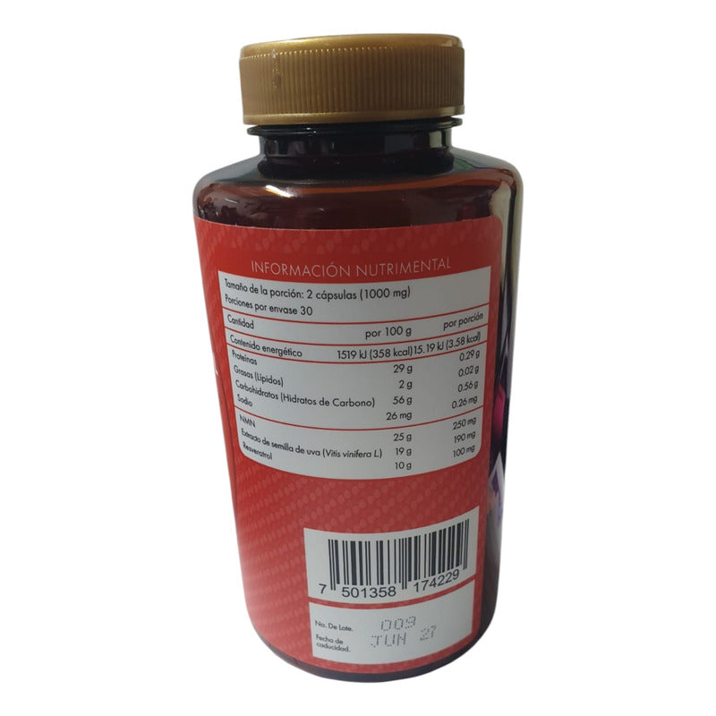 Nartex Nmn+resveratrol, Semilla De Uva Y Fibra 60caps 500mg Sin Sabor