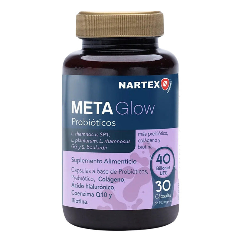 Meta Glow 30 Caps Nartex Wellness Con Probióticos, Colágeno Y Ácido Hialurónico Sin Sabor Para Piel Sana, Salud Digestiva Y Bienestar Integral