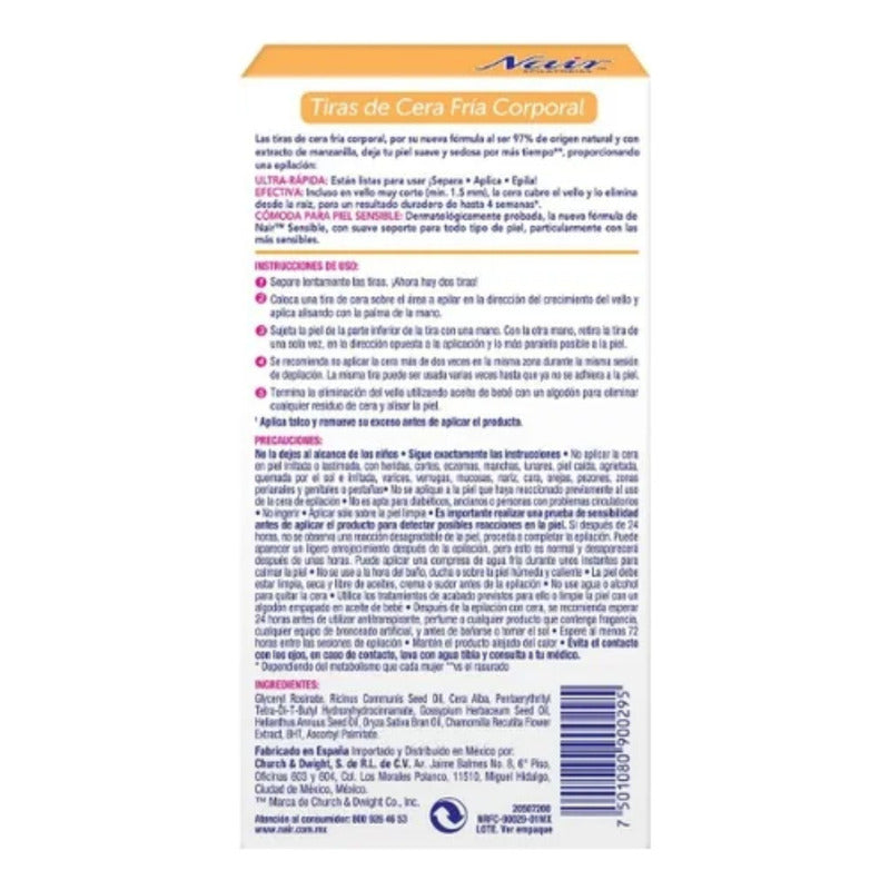 Tiras De Cera Fria Corporal Extracto De Manzanilla 40 Unidades Nair