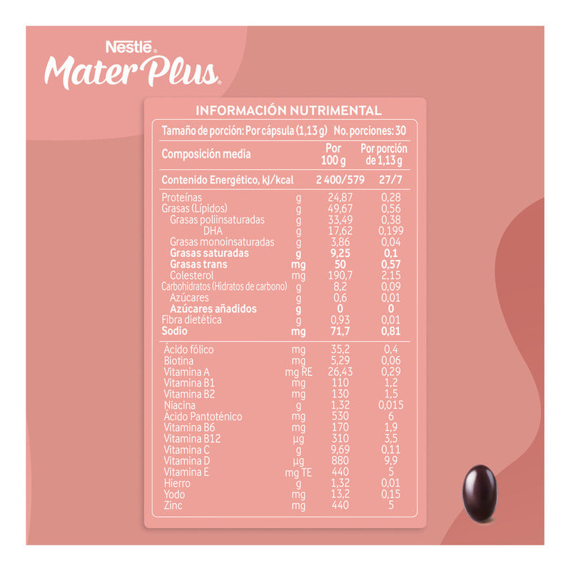 Suplemento Alimenticio Nestlé Materplus Cápsulas Dha (omega 3) 34g Sin Sabor