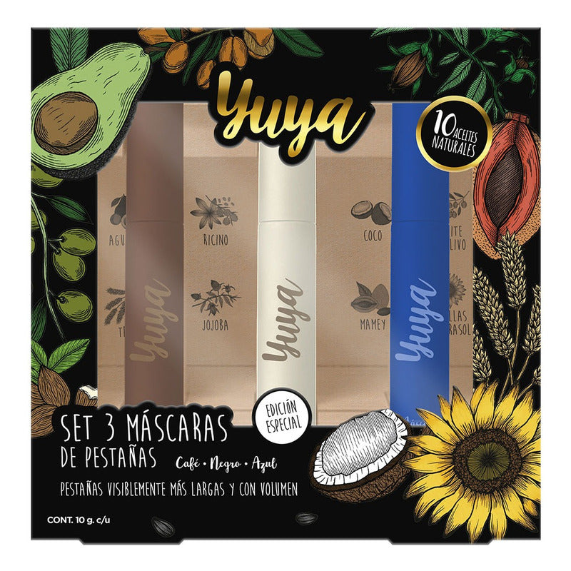 Pack X3 Máscaras Pestañas 10 Aceites Negra Café Azul Yuya