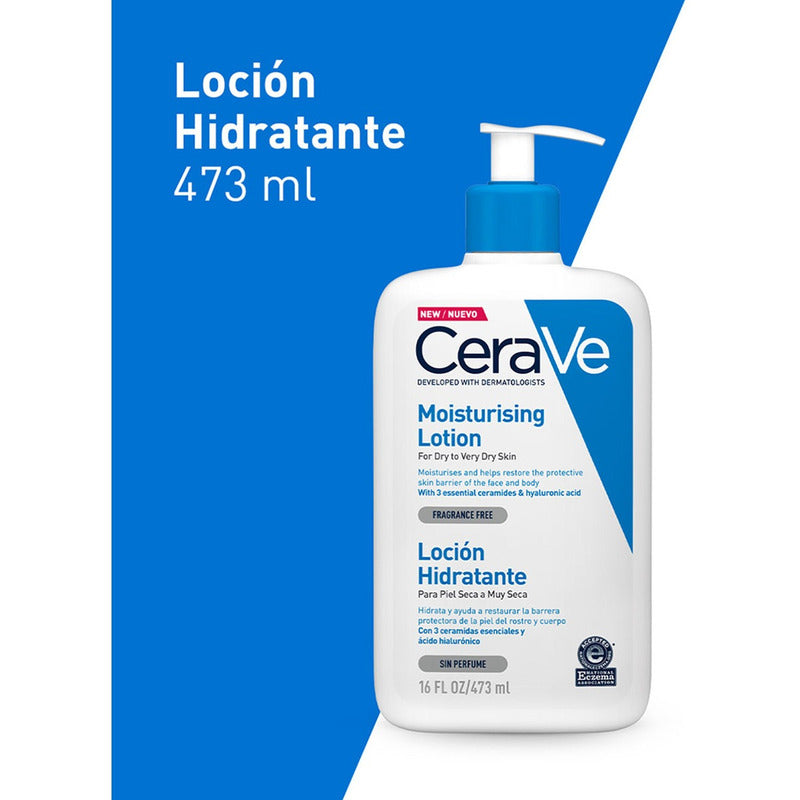 Cerave Loción Hidratante |473ml| Loción Hidratante Corporal Sin Perfume Para Rostro Y Cuerpo, Piel Seca A Muy Seca Con Ácido Hialurónico
