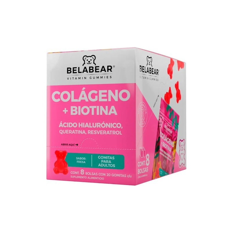 Belabear Colágeno + Biotina Caja Con 8 Sobres 20 Gomitas Cu Sabor Fresa