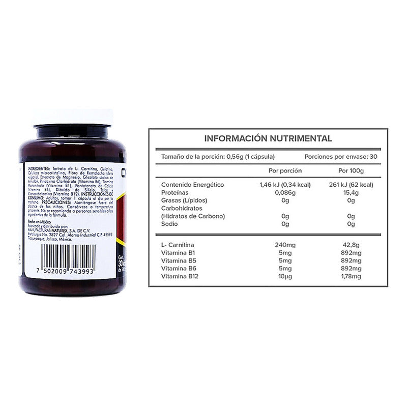 Naturex Carnitinab 560 Mg Frasco 30cápsulas Sin Sabor