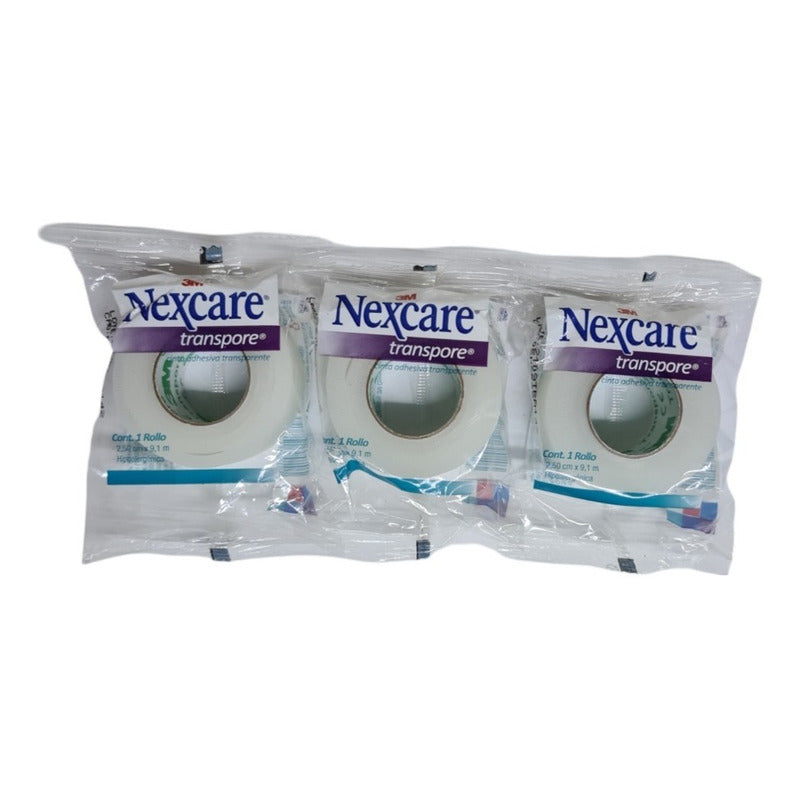 3 Cintas Transpore Transparente Nexcare 3m 2.50 Cm X 9.1 M