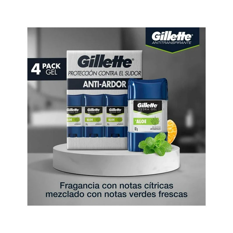 Gillete Gel Antitranspirante Hydra Gel Aloe 4pzas De 82g C/u Aloe Vera