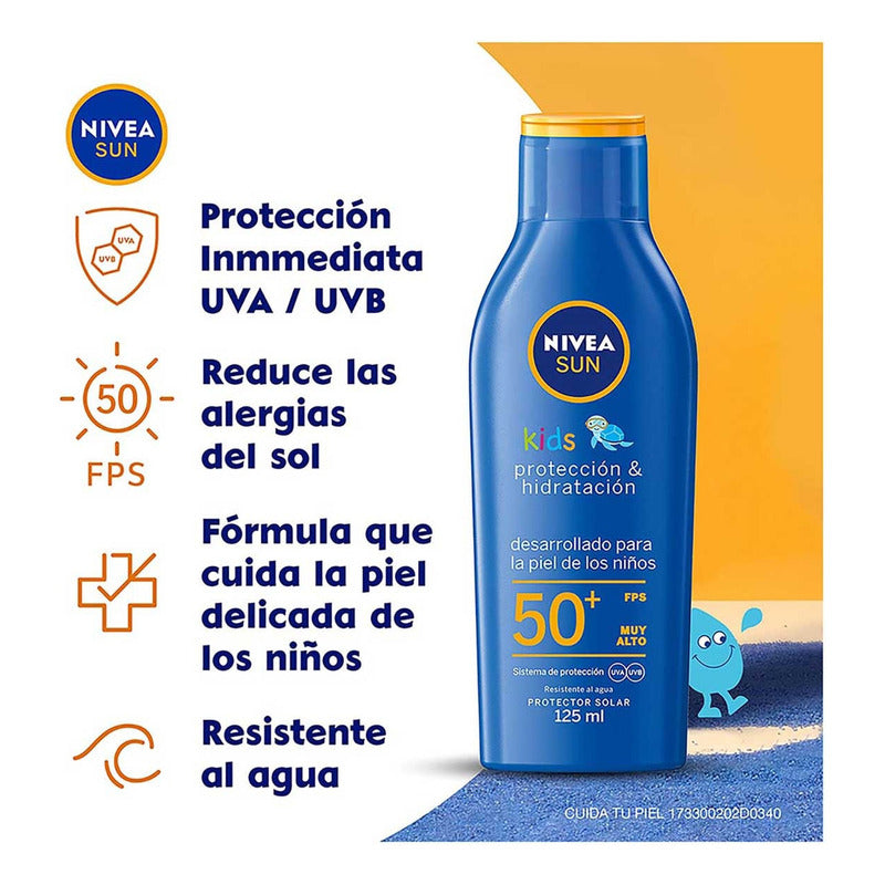 Nivea Sun Kids Protector Solar Corporal Protect & Moisture (125 Ml), Loción Solar No Grasosa Ni Pegajosa Ideal Para La Piel Sensible De Los Niños Fps 50+ Resistente Al Agua