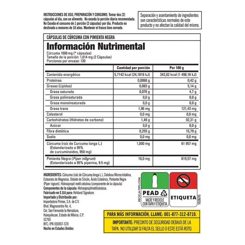 Cúrcuma, Con Pimienta Negra 1000 Mg, 240 Cápsulas, Kirkland Sin Sabor