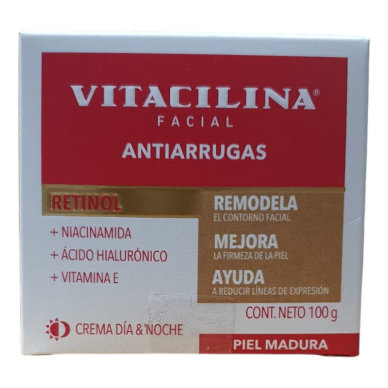 Vitacilina Crema Facial Antiarrugas Con Retinol Y Ácido Hialurónico, Uso Día Y Noche, 100g, Todo Tipo De Piel