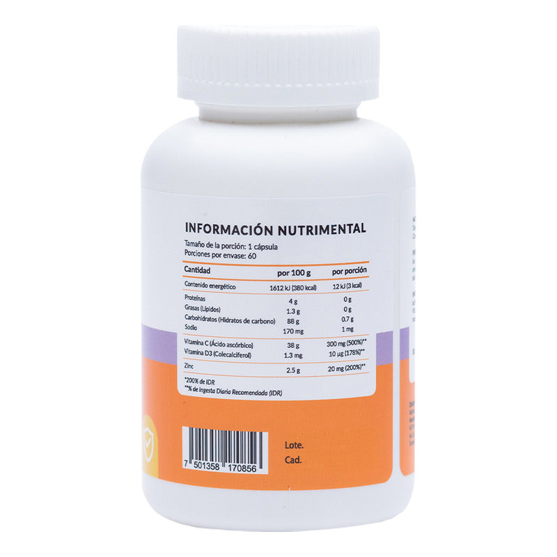 Zinc 200 + Vitaminas C Y D3 60 Cáps. Suplemento Ntx Sabor Sin Sabor