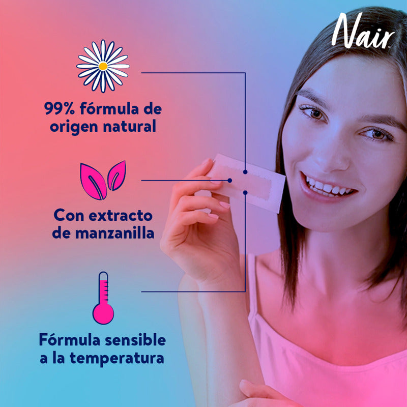 Nair Tiras De Cera Fría Facial Sensible 36 Piezas Con Extracto De Manzanilla Piel Suave Y Tersa Hasta Por 4 Semanas
