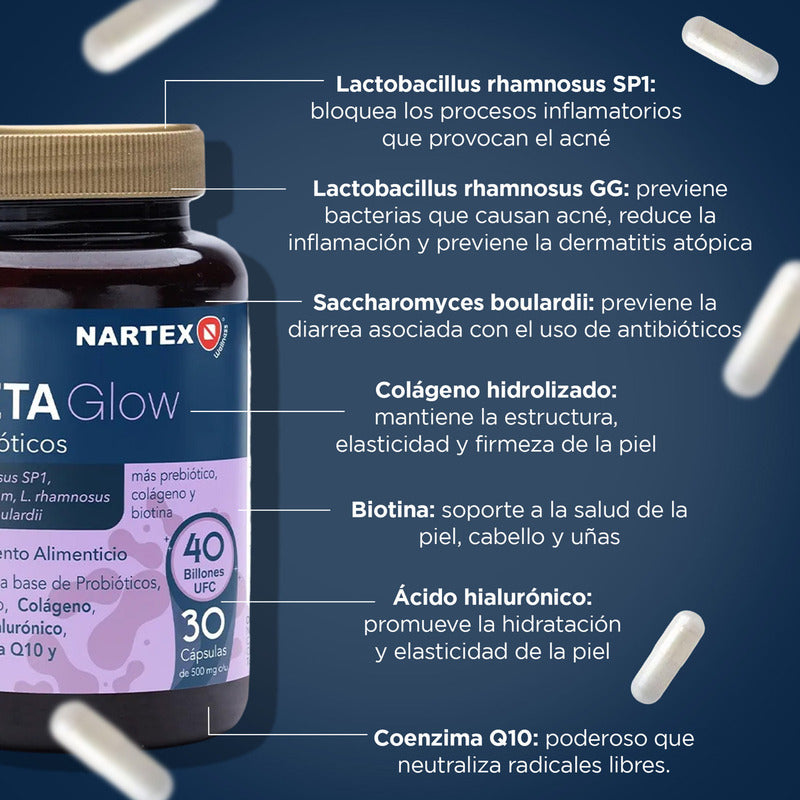 Meta Glow 30 Caps Nartex Wellness Con Probióticos, Colágeno Y Ácido Hialurónico Sin Sabor Para Piel Sana, Salud Digestiva Y Bienestar Integral