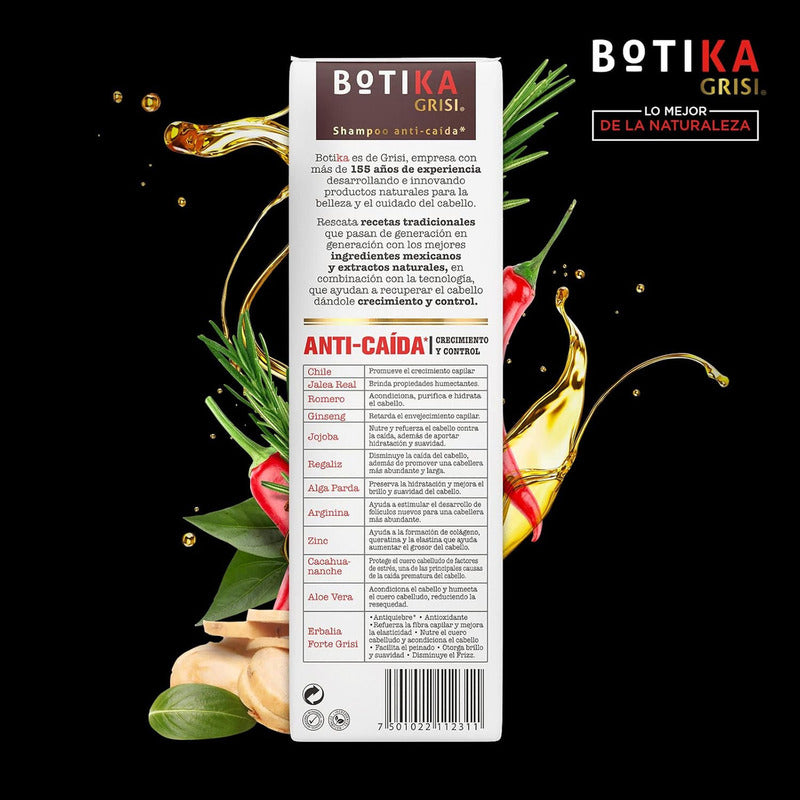 Botika Shampoo Anticaída Grisi - Shampoo Libre De Sulfatos Y Parabenos, Natural Con Jalea Real, Romero, Ginseng Y Vitaminas - Previene Caída De Cabello Y Fortalece El Pelo - 480 Ml