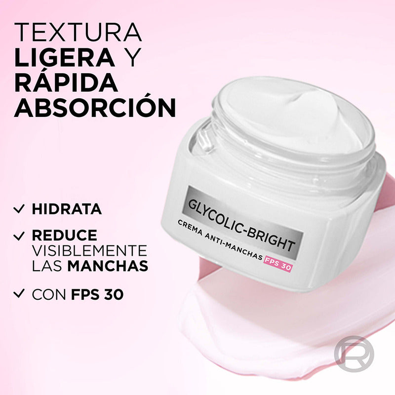 L'oréal Paris Glycolic Bright Crema Hidratante De Día Anti Manchas Con Protección Solar Fps30, Con Ácido Glicólico Y Niacinamida, Reduce Y Previene Todo Tipo De Manchas, 50 Ml.