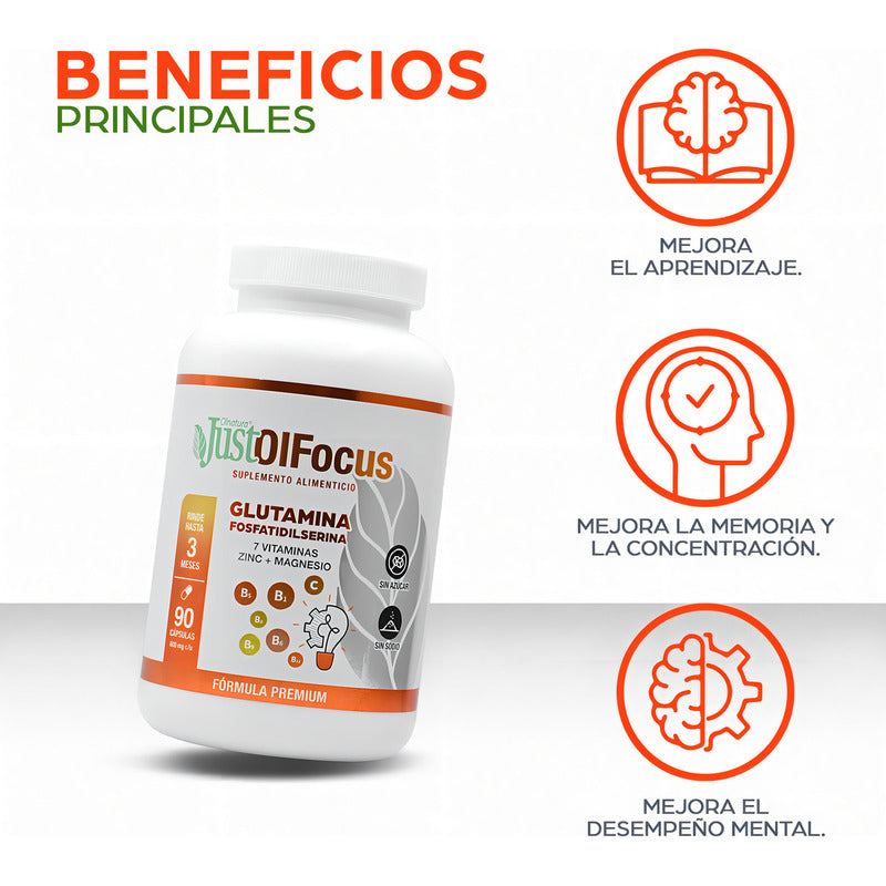 Justolfocus 90 Cápsulas De Glutamina + 7 Vitaminas Sabor Sin Sabor