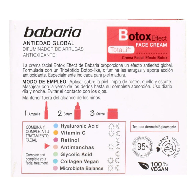 Babaria Crema Facial Efecto Botox 50 Ml Con Colágeno, Suaviza Líneas De Expresión