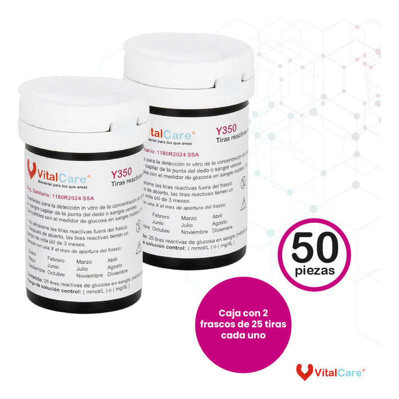 Vitalcare 50 Tiras Reactivas Para Medidor De Glucosa 310 Blanco