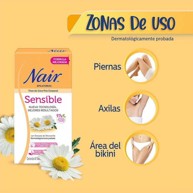 Nair Sensible Tiras De Cera Fría Corporal 40 Piezas