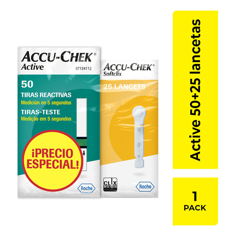 Tiras Reactivas Active 50 + 25 Lancetas Softclix Accu-chek Azul Petróleo