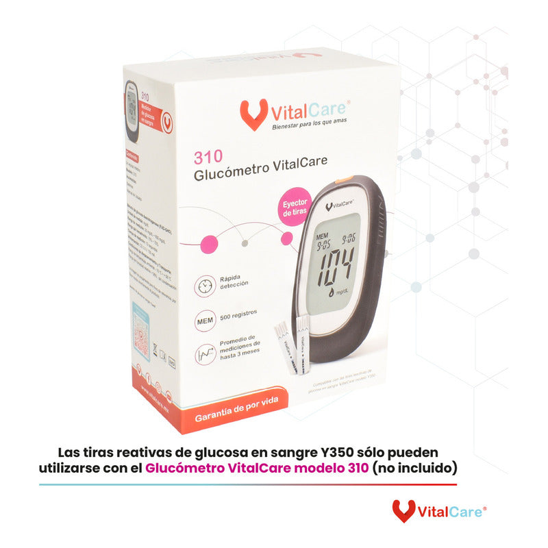 Vitalcare 50 Tiras Reactivas Para Medidor De Glucosa 310 Blanco