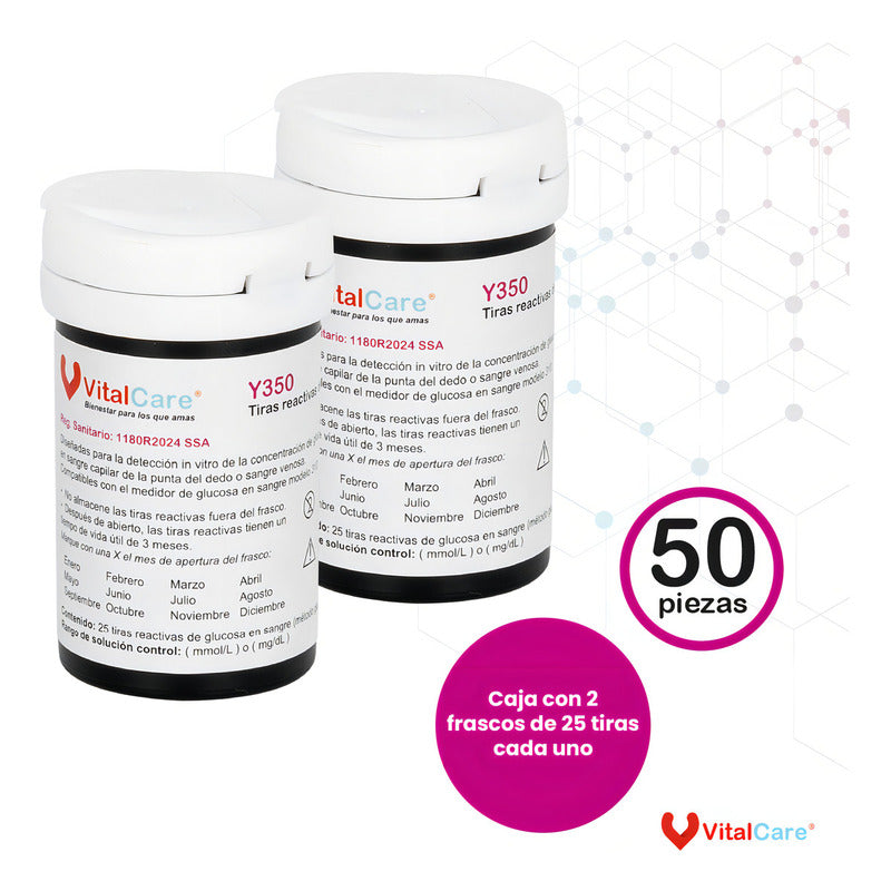 50 Tiras Reactivas Para Glucómetro Continuo Vitalcare 310 - Blanco