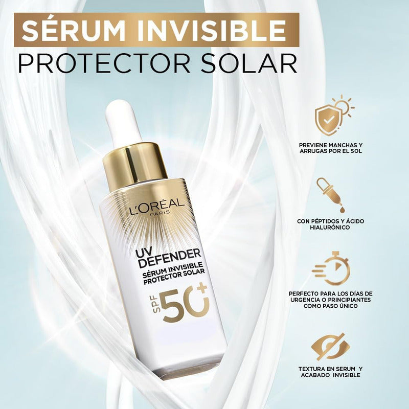 L'oreal Paris Uv Defender Sérum Invisible Protector Solar Diario Fps50+ Protege De Los Rayos Uv, Anti Manchas Y Previene Líneas De Expresión, 30ml.