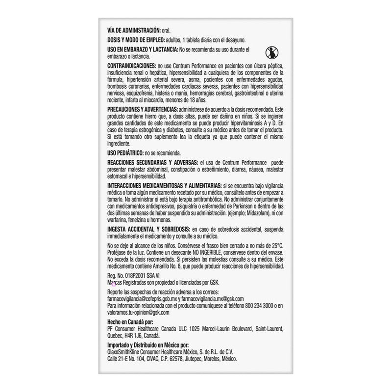 Multivitamínico Centrum Performance Con Vitaminas Del Complejo B 100 Tabletas Sin Sabor