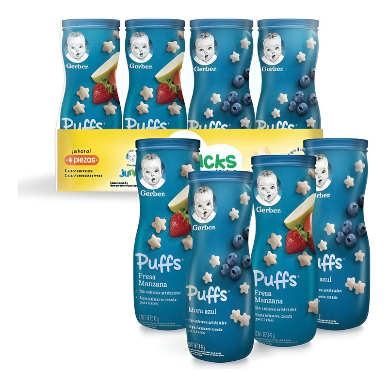 Pack 4 Gerber Puffs Sabor Mora Azul Y Manzana Fresa 42g C/u