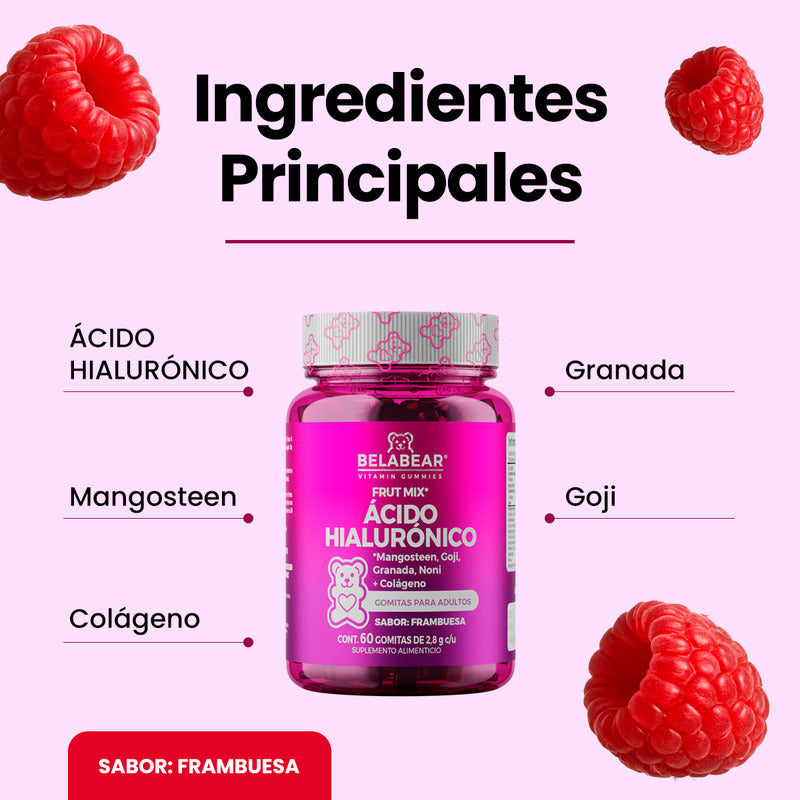 Belabear Ácido Hialurónico 60 Gomitas Fruit Mix Solanum Granada, Mangosteen, Noni, Goji, Colágeno. Frambuesa