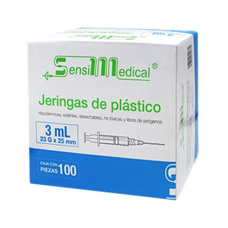 Jeringa Sensimedical 3ml C/aguja 23gx25mm Azul Caja C/100pz Capacidad En Volumen 3 Cc