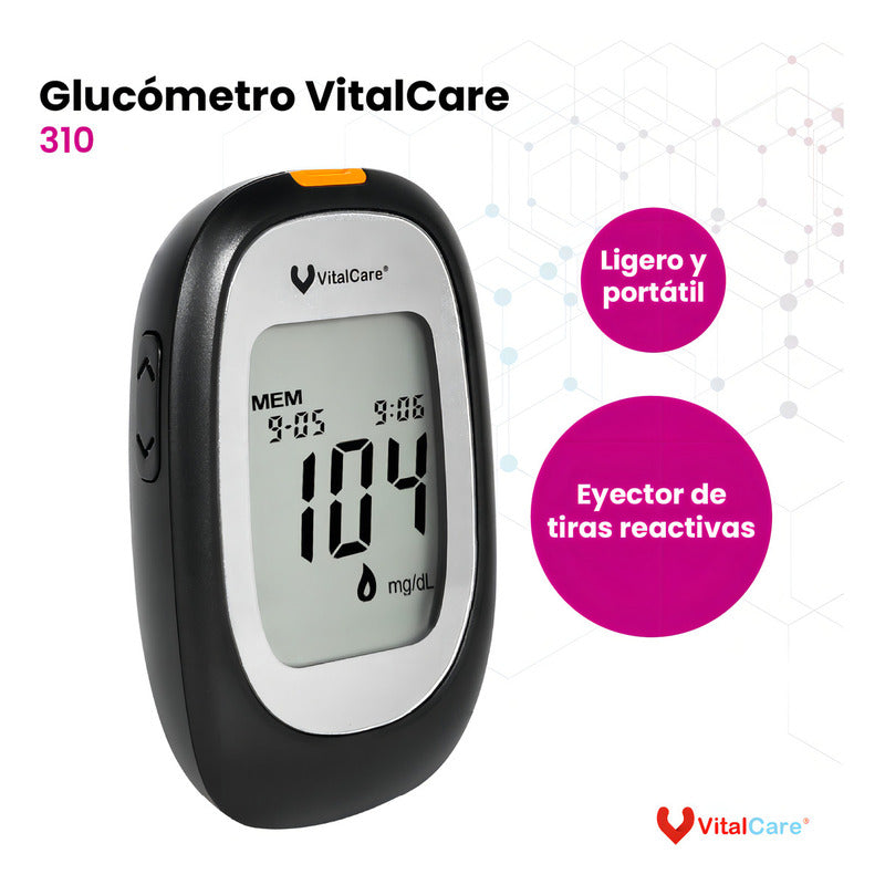 Kit Glucómetro 310 Vitalcare Con 50 Tiras + 100 Lancetas - Negro