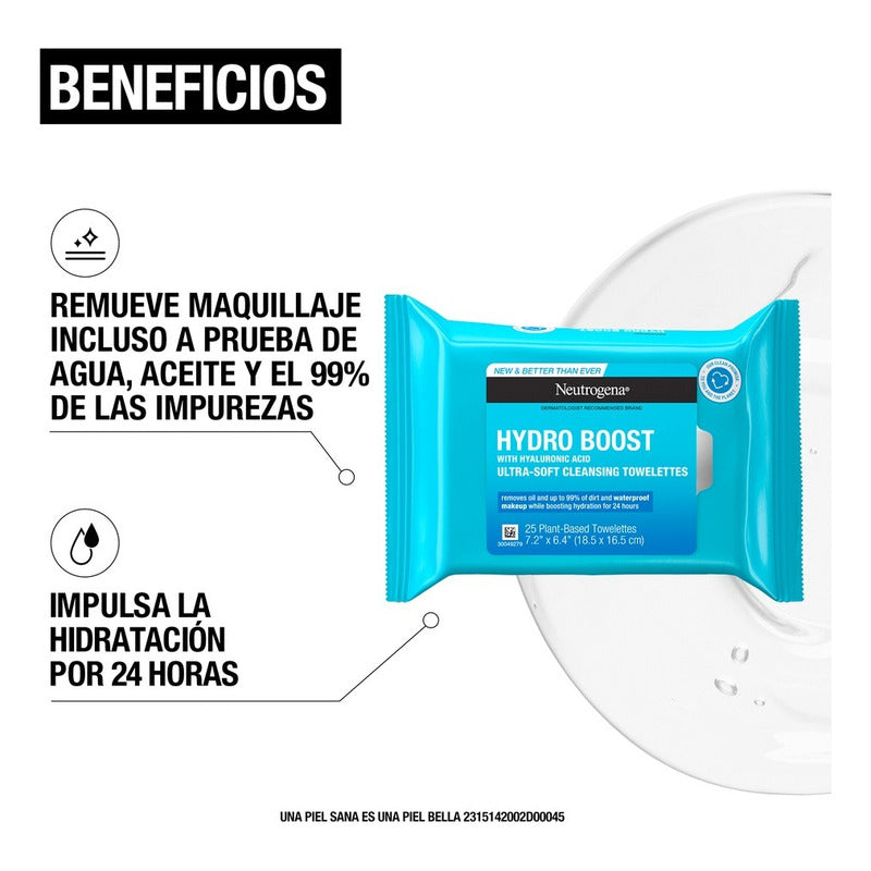 Neutrogena Hydro Boost Toallitas Limpiadoras Hidratantes, 25 Pzs, Todo Tipo De Piel