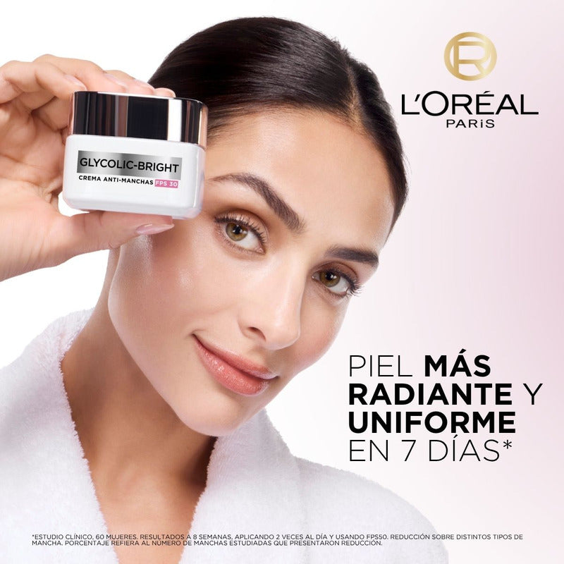 L'oréal Paris Glycolic Bright Crema Hidratante De Día Anti Manchas Con Protección Solar Fps30, Con Ácido Glicólico Y Niacinamida, Reduce Y Previene Todo Tipo De Manchas, 50 Ml.