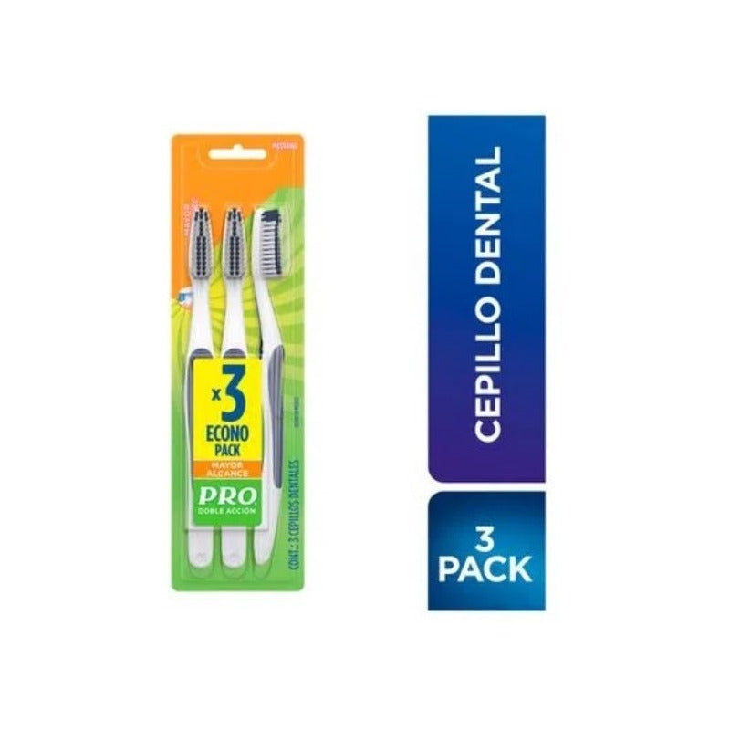 3 Cepillos Dentales Pro Doble Accion Mediano Mayor Alcance
