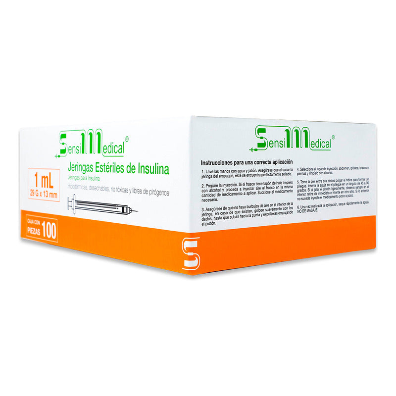 100 Jeringas Para Insulina Sensimedical 29g X 13mm 1ml Capacidad En Volumen 1 Ml