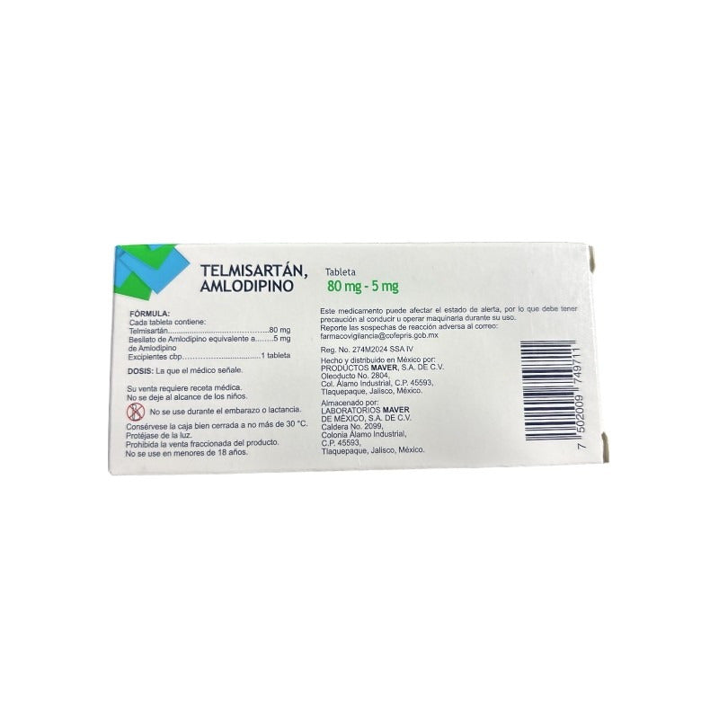 Telmisartan Amlodipino Tableta 80mg-5mg Caja Con 28 Tabs
