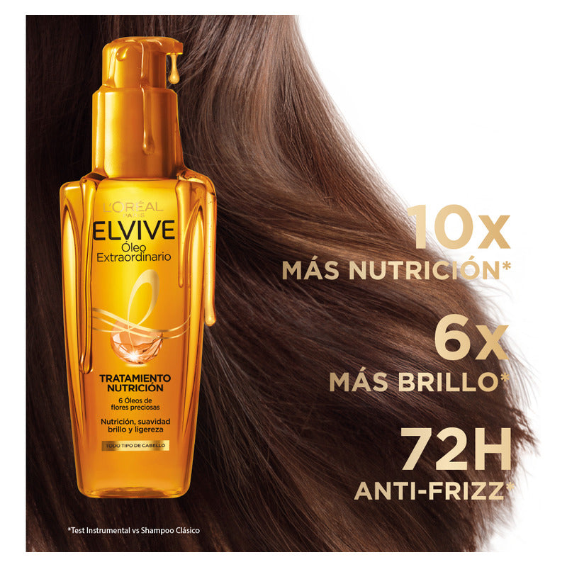 Tratamiento En Aceite Elvive Óleo Extraordinario De L'oréal Paris, Con Protector De Calor, 6 Óleos De Flores Que Nutren, Protegen Y Controlan El Frizz De Tu Cabello, 8 Semanas De Nutrición Y Brillo.